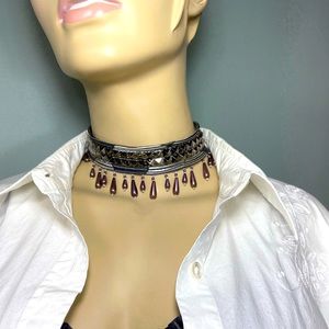 One of a kind,Handmade,Upcycled silk Mens tie sexy choker,w/ Stud and Bead trim